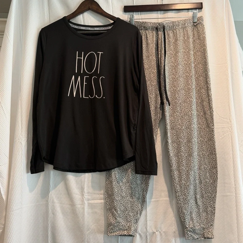 Rae Dunn Hot Mess Pajama Lounge Set Size Large Knit Buttery Soft Cabincore EC